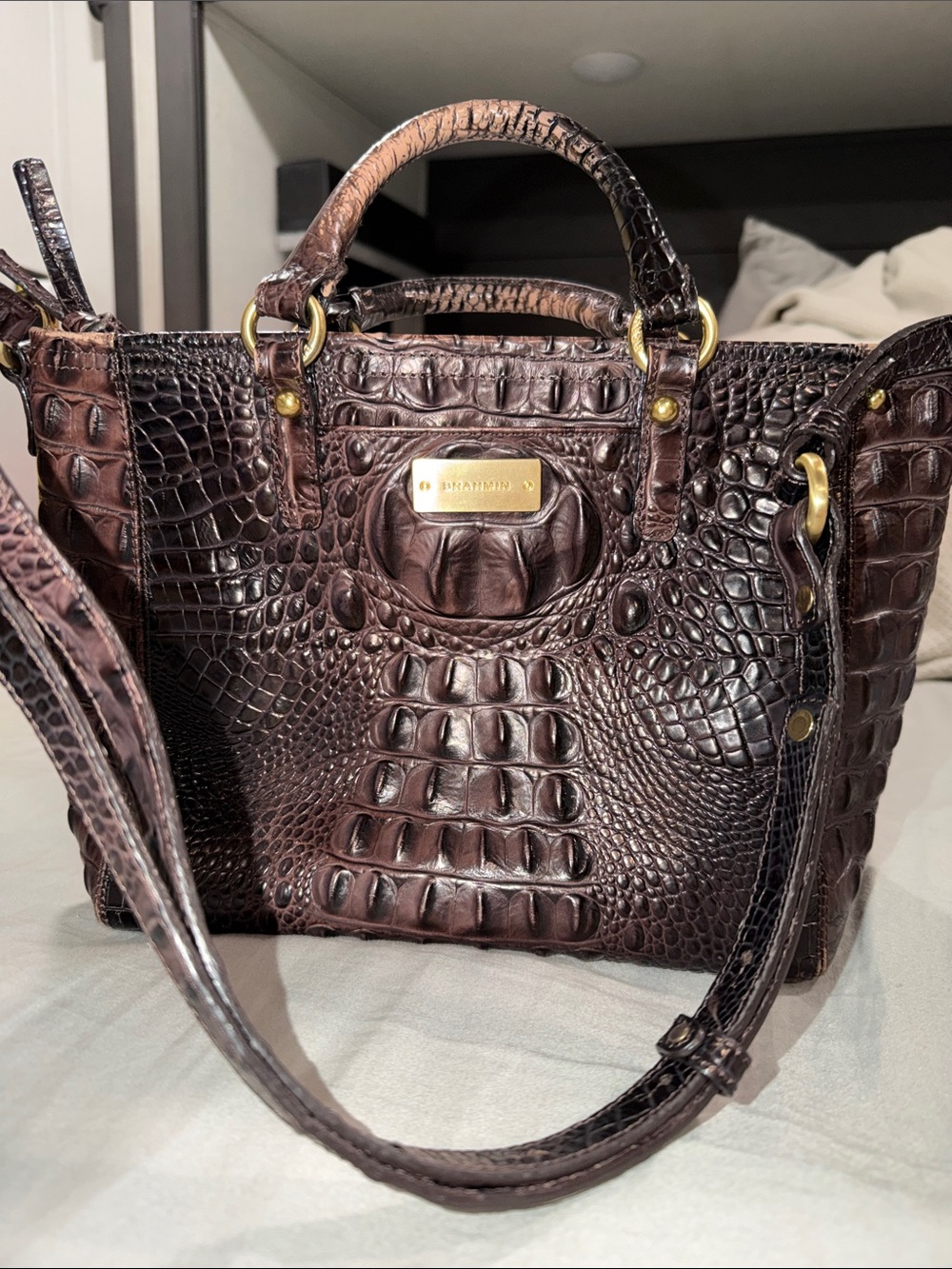 Brahmin Chocolate Croc-Embossed Leather Satchel with Gold Hardware